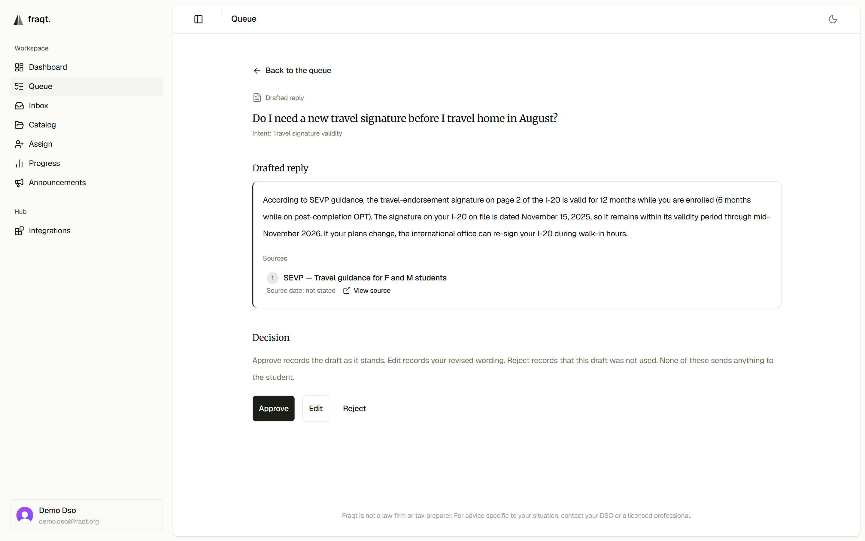 An officer review screen showing a drafted reply to a student’s travel-signature question, the SEVP source it cites, and a decision row with approve, edit, and reject actions noting that none of them sends anything to the student.