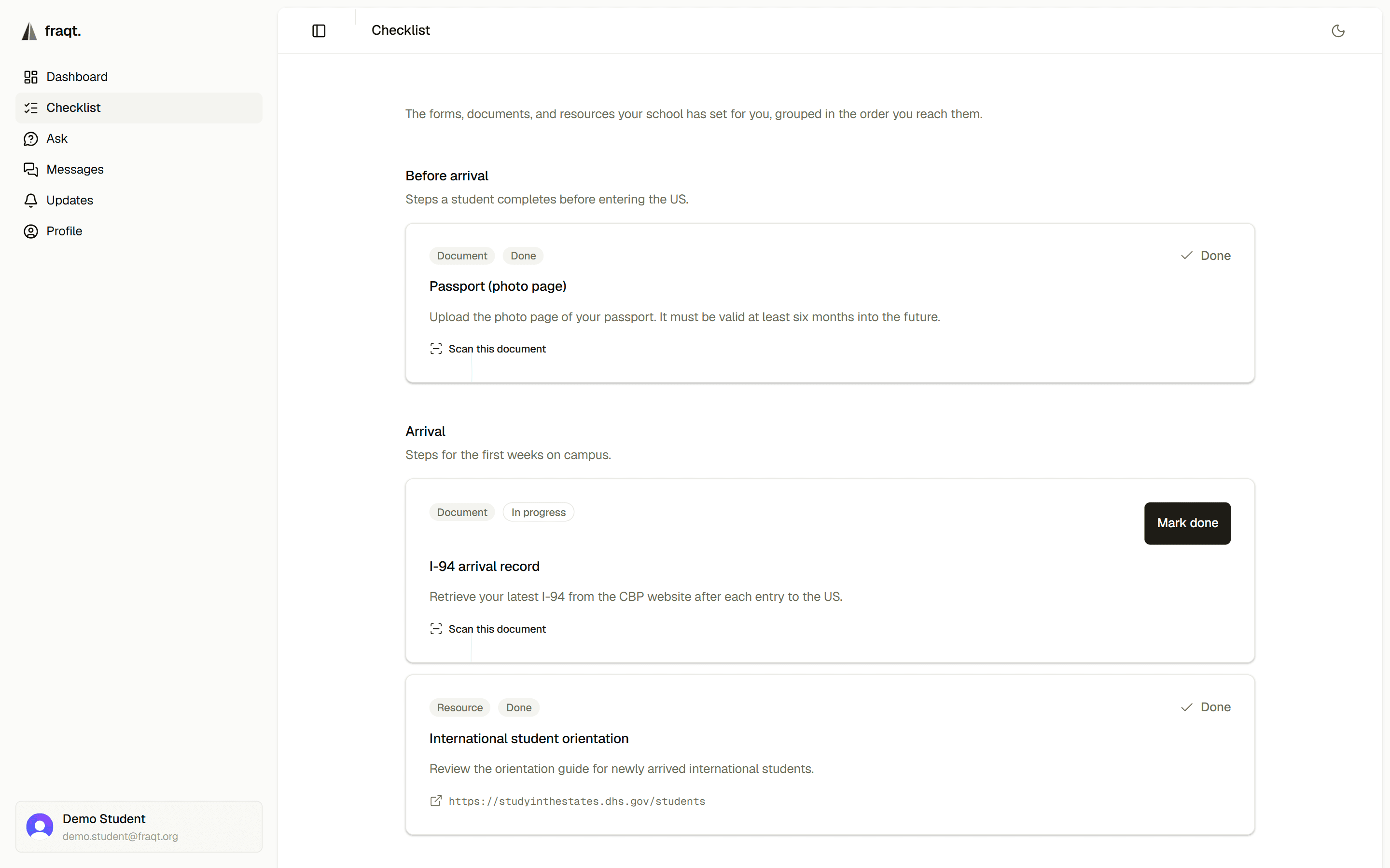 A student checklist grouped into stages such as before arrival and arrival, with items like a passport photo page and an I-94 arrival record, each tagged by type and status and offering a scan-document action.